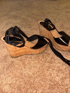 Top shop Black Cork Wedge Sandals with Ankle Tie